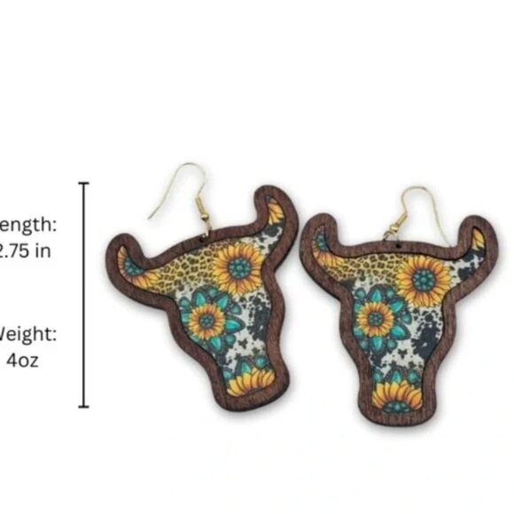 Sunflower Bull Wood Earrings Western Earrings Cowgirl Earrings Bull Head Cow - Picture 3 of 5